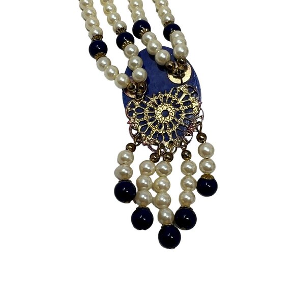 Handmade Statement Necklace Faux Pearl Blue Pendant Gold Tone Accents - Picture 7 of 10